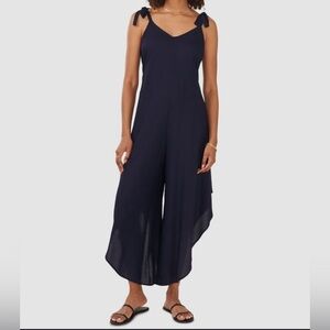 Vince Camuto Women’s XS Navy Blue Linen‎ V Neck Tie Strap Cropped Jumpsuit